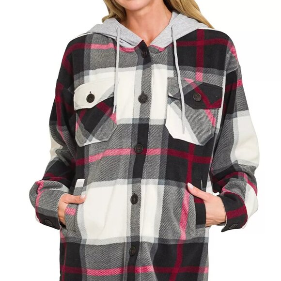 Zenana Plaid Drawstring Hooded Fleece Shacket - Picture 1 of 3